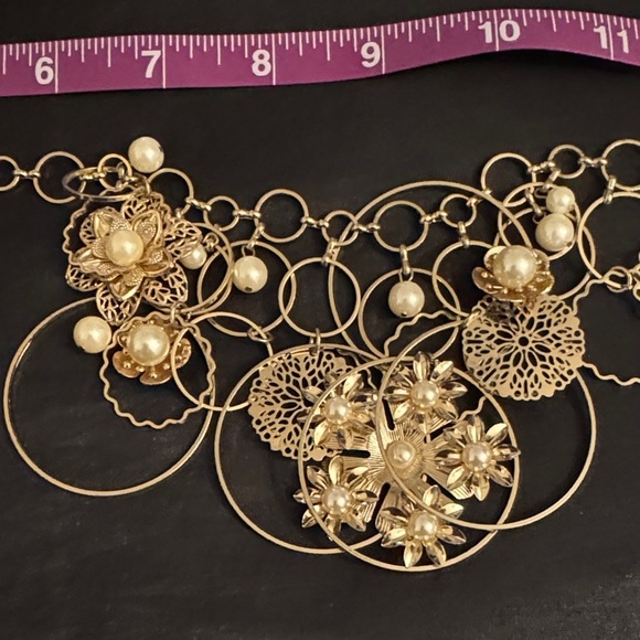 Gold Floral Statement Necklace with Pearl Accents - Picture 3 of 7